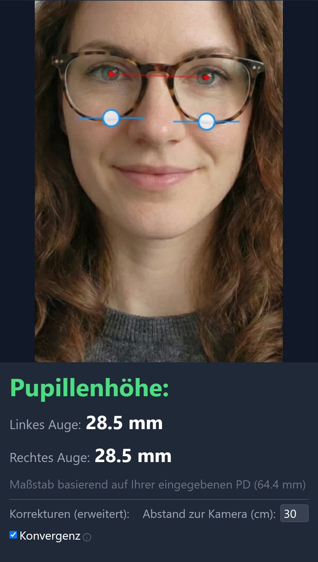 Ergebnis der Messung der Pupillenhöhe