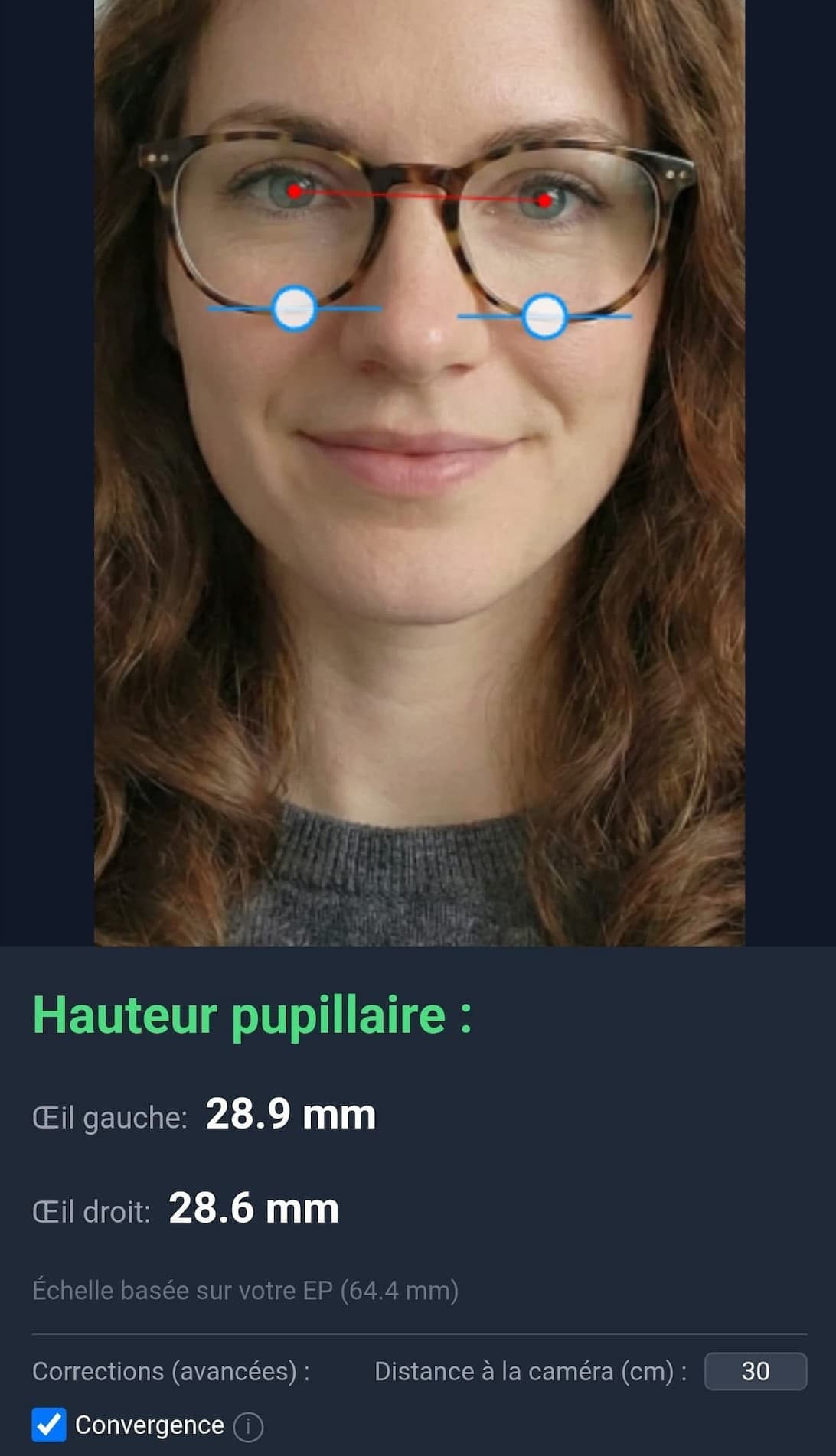 Résultat mesure hauteur pupillaire