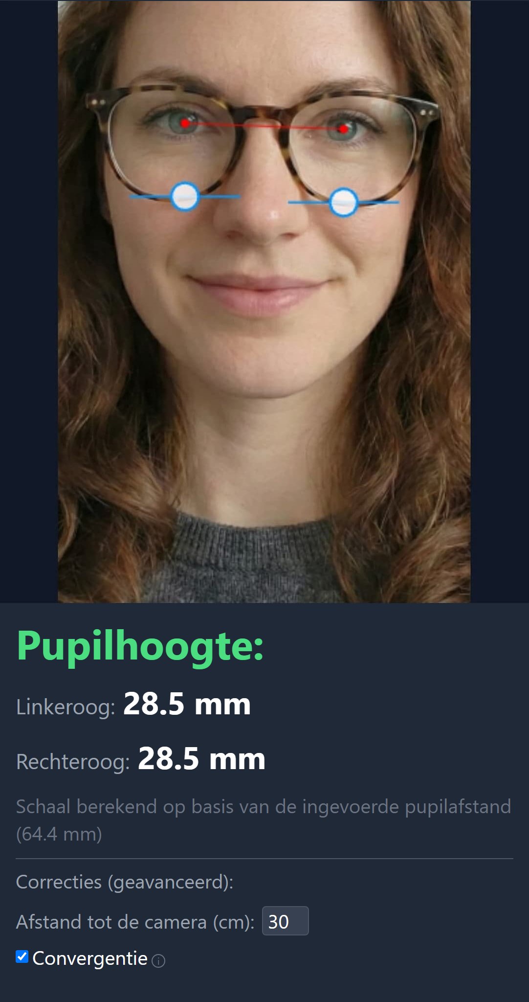 Resultaat van de pupilhoogtemeting
