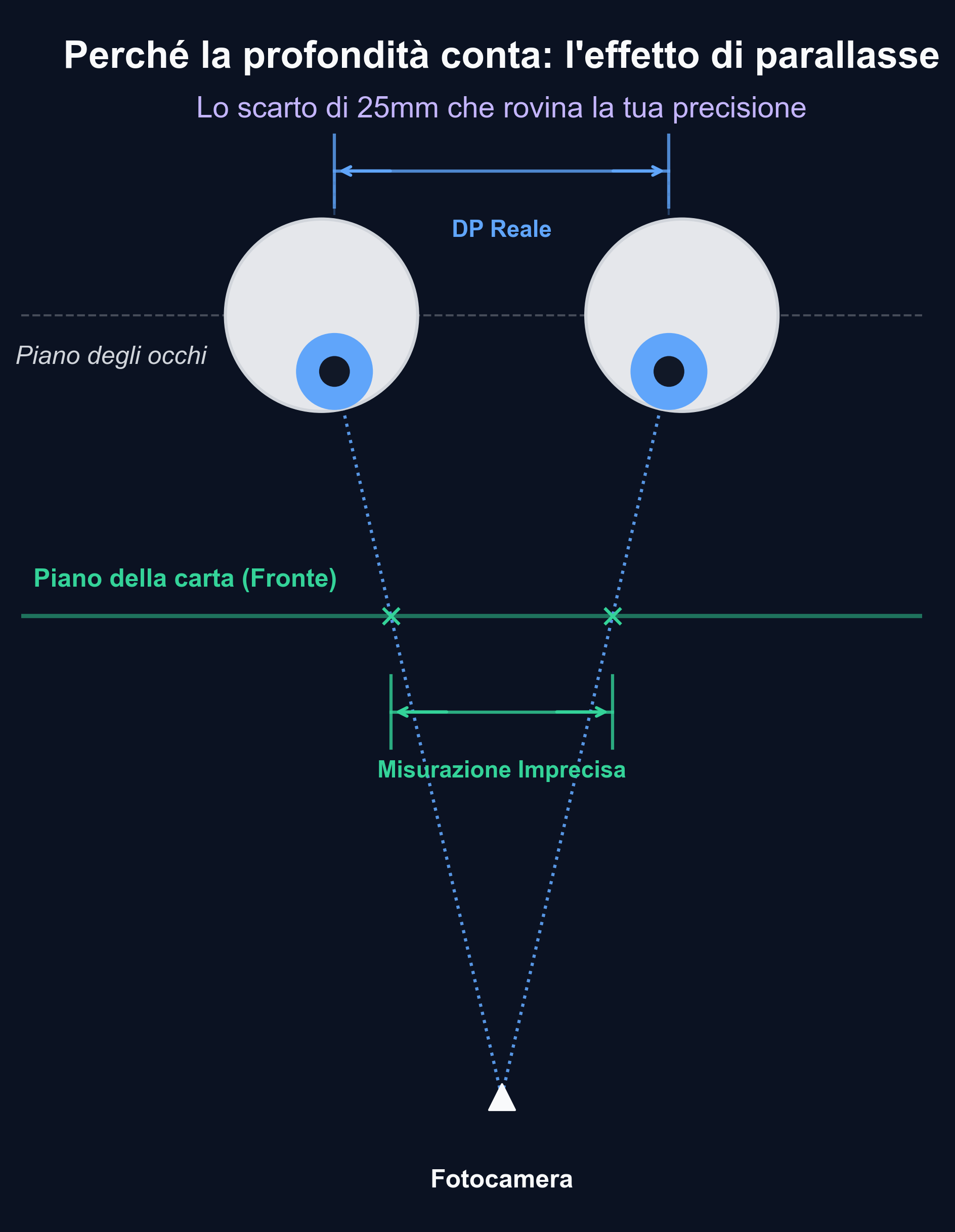Schema che illustra l'effetto di parallasse: una carta tenuta davanti al viso appare a una scala diversa rispetto alle pupille situate in un piano più profondo