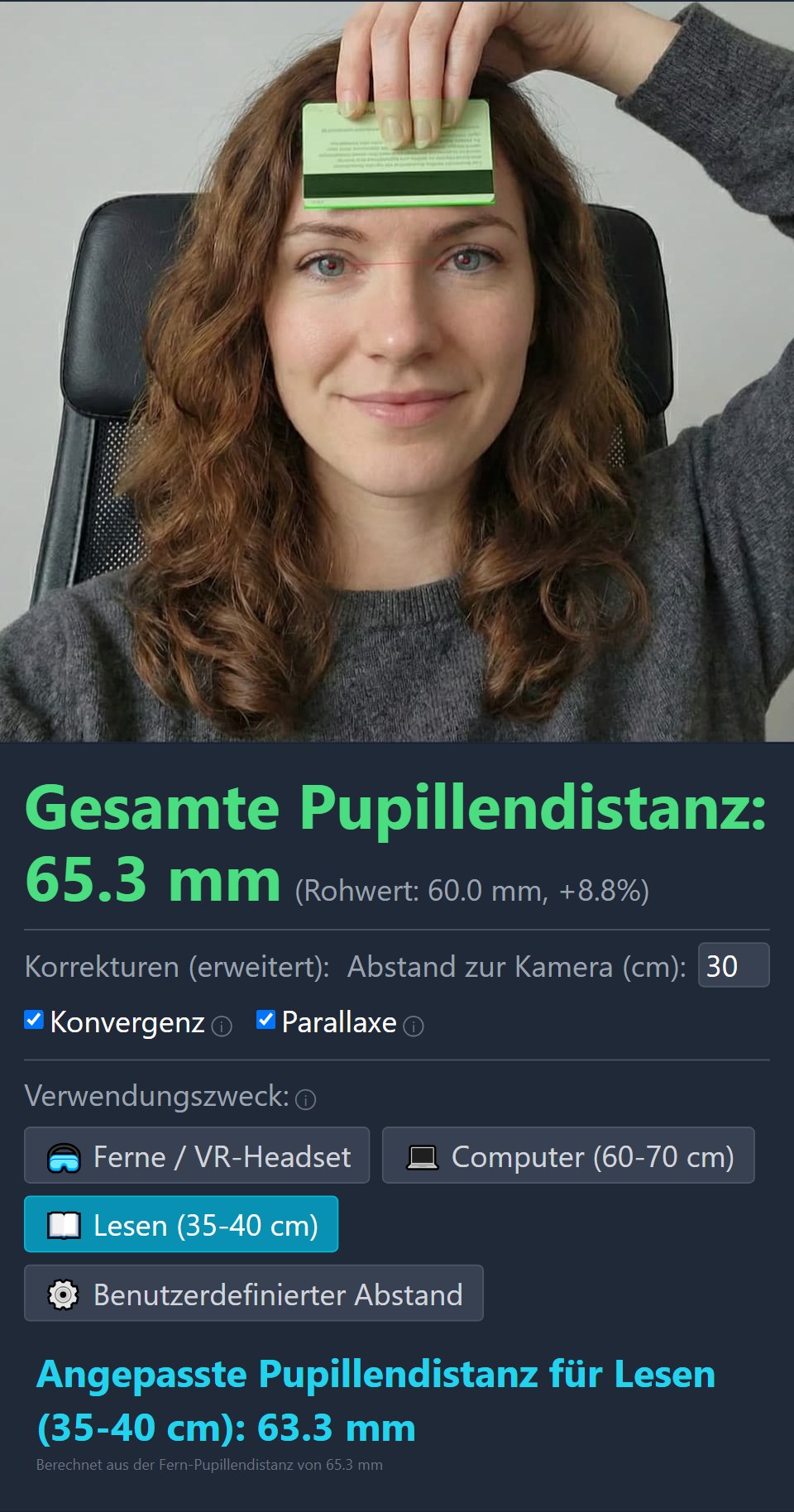 Ergebnis der Messung der Pupillendistanz