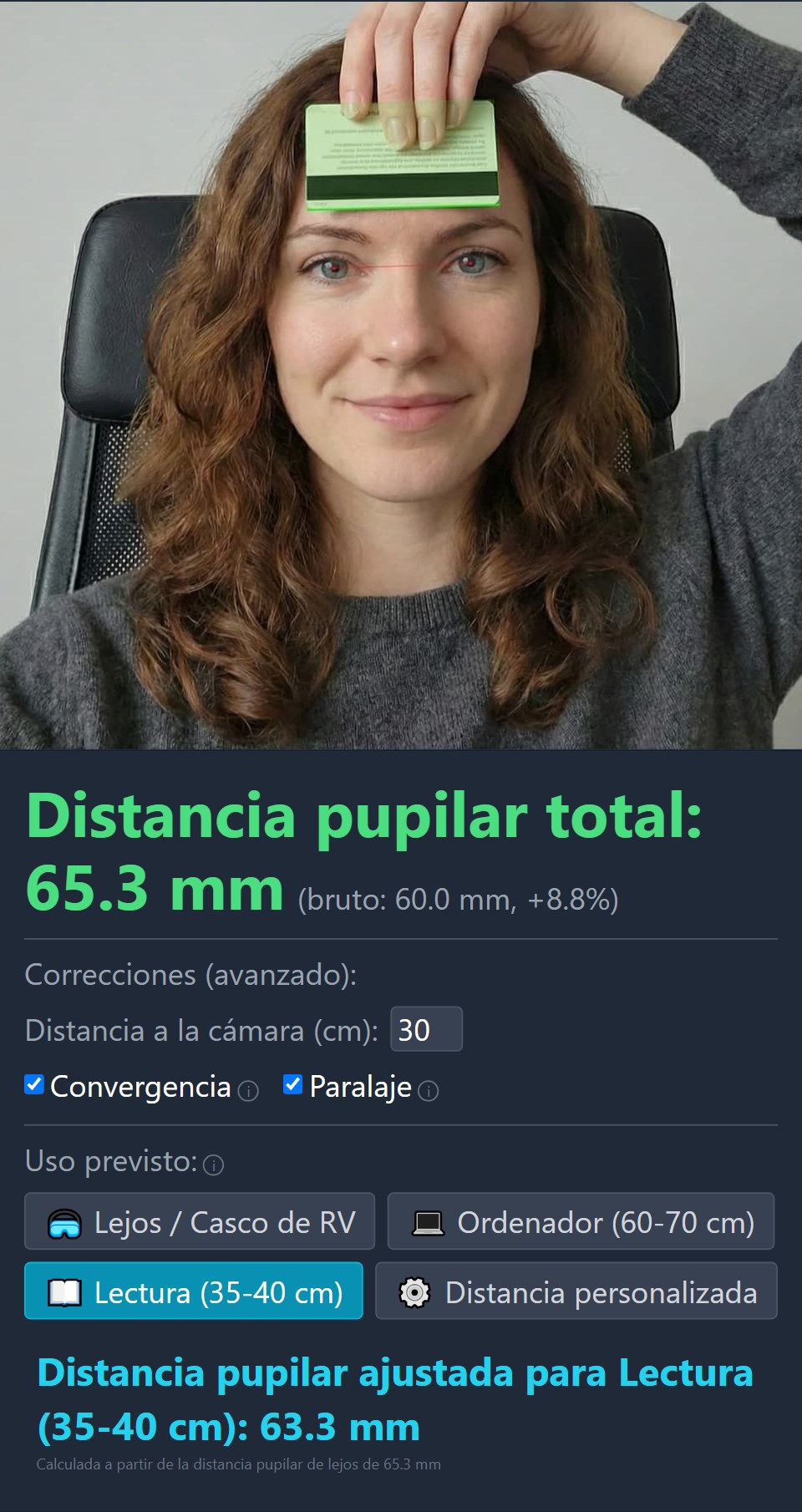 Resultado de medición de la distancia pupilar precisa
