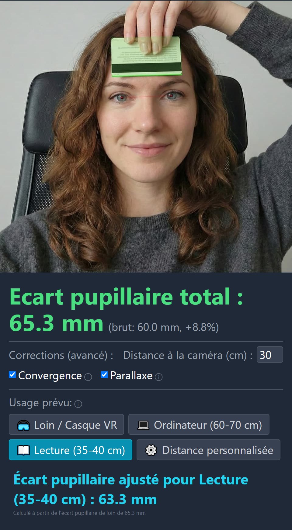 Résultat mesure écart pupillaire