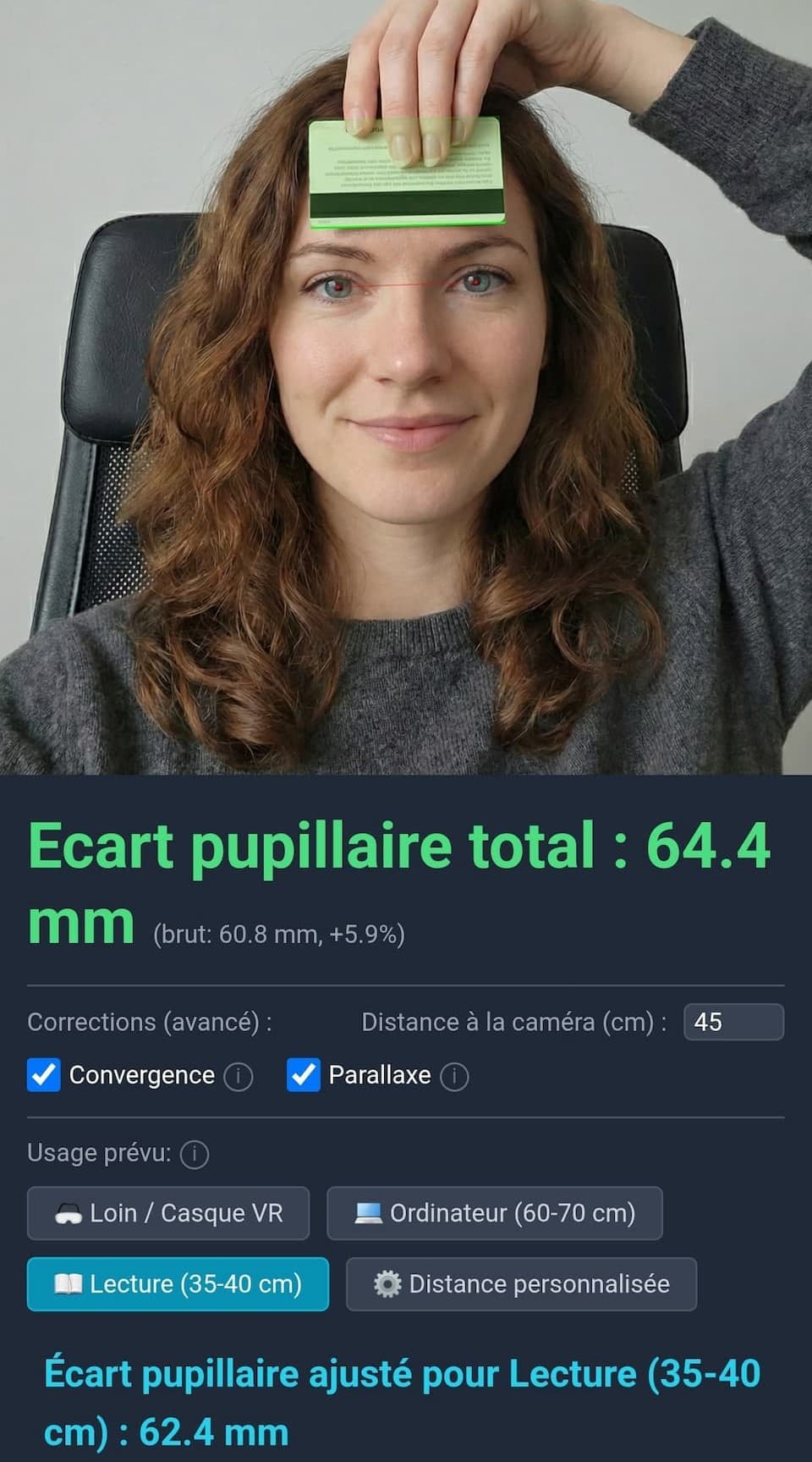 Résultat mesure écart pupillaire