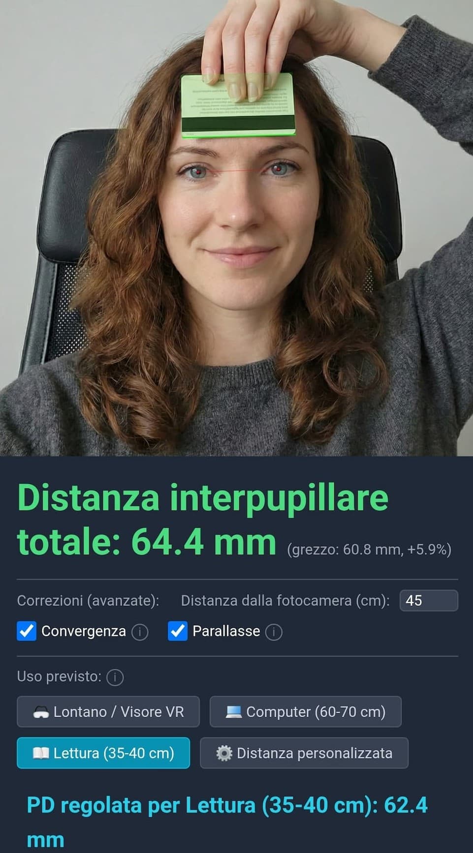 Risultato misurazione distanza interpupillare