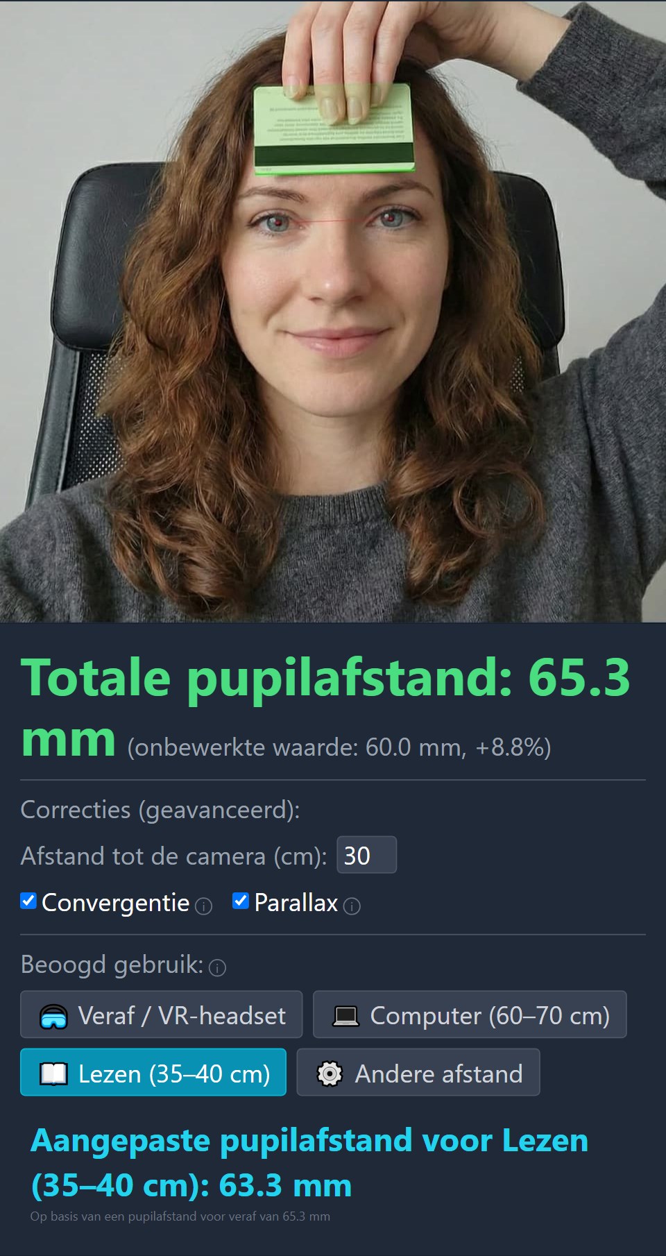 Resultaat van de nauwkeurige pupilafstandsmeting