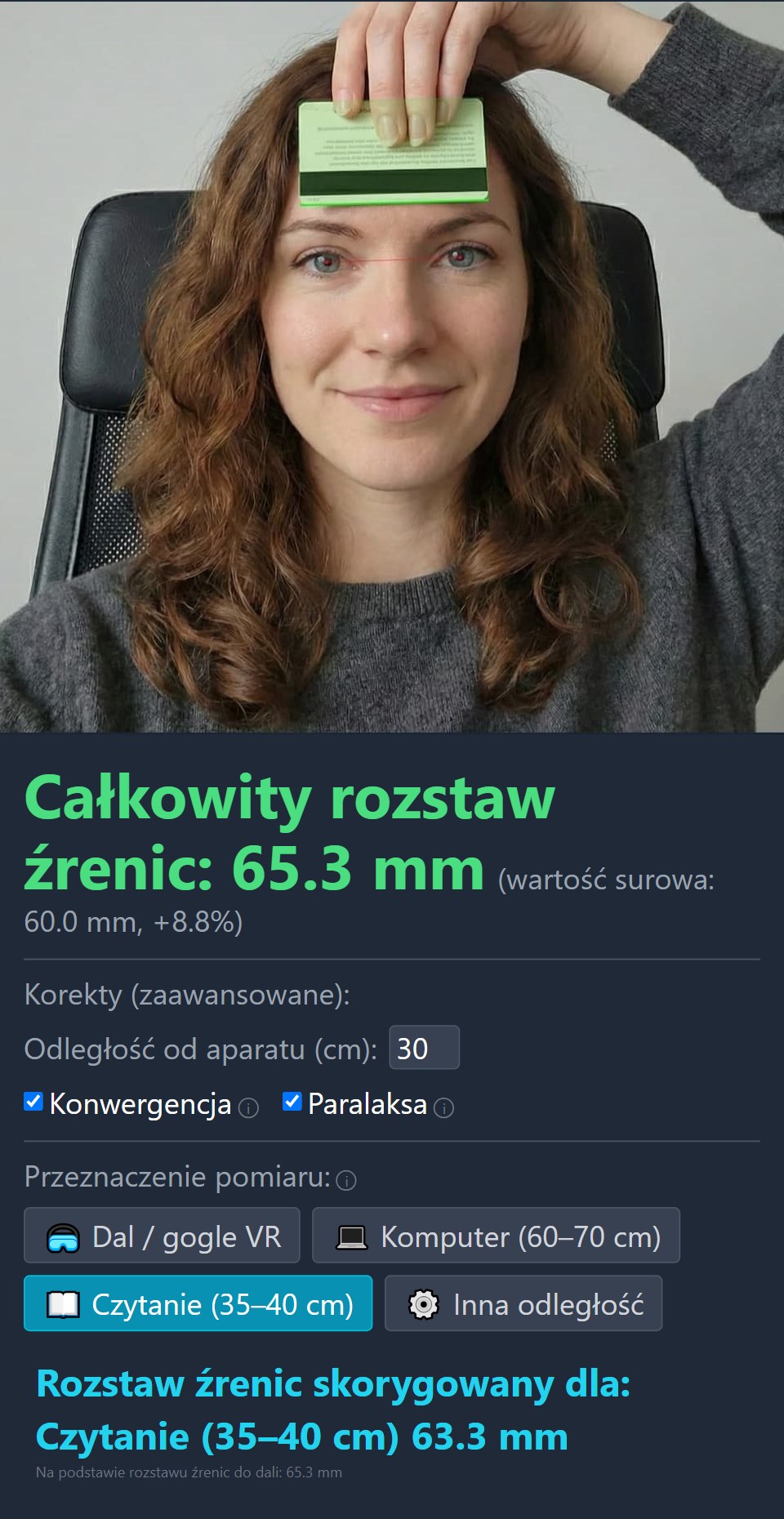 Precyzyjny wynik pomiaru rozstawu źrenic
